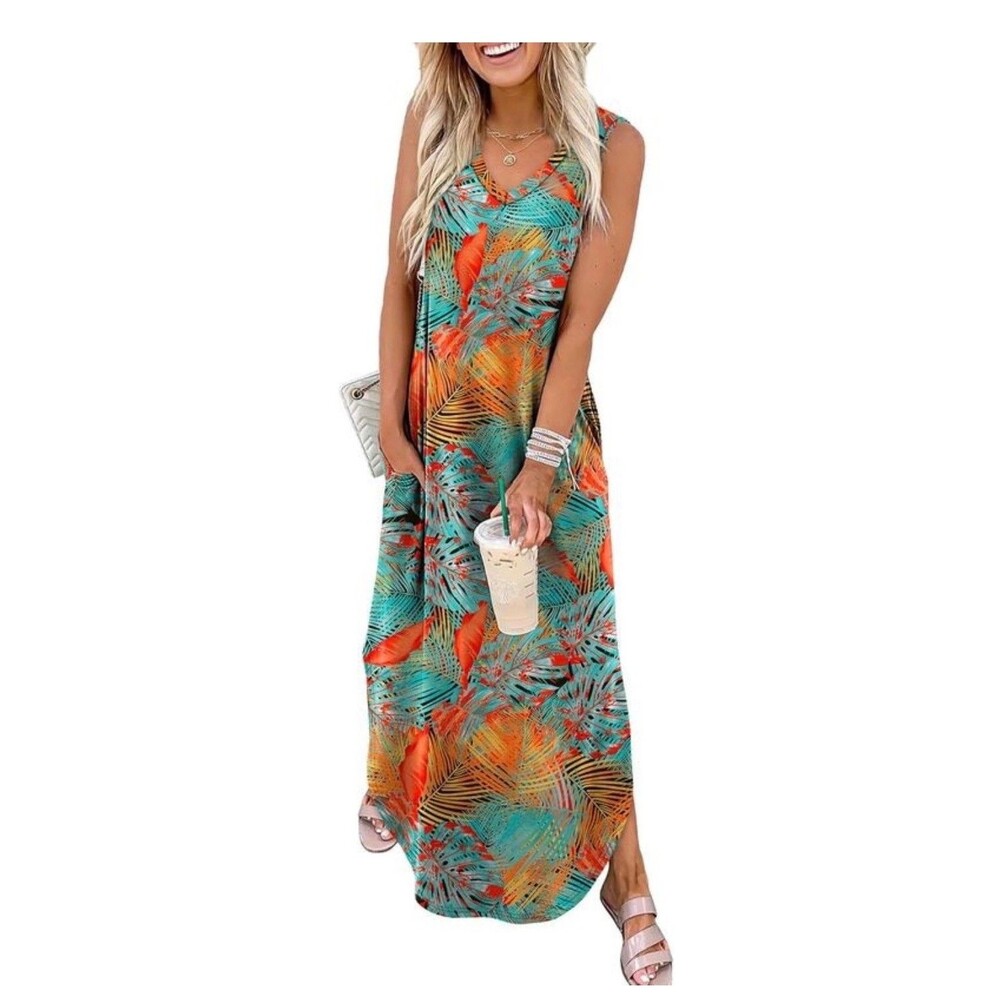 Sampeel Summer Maxi Vacation Dress W/Pockets XXL Blue Orange Floral